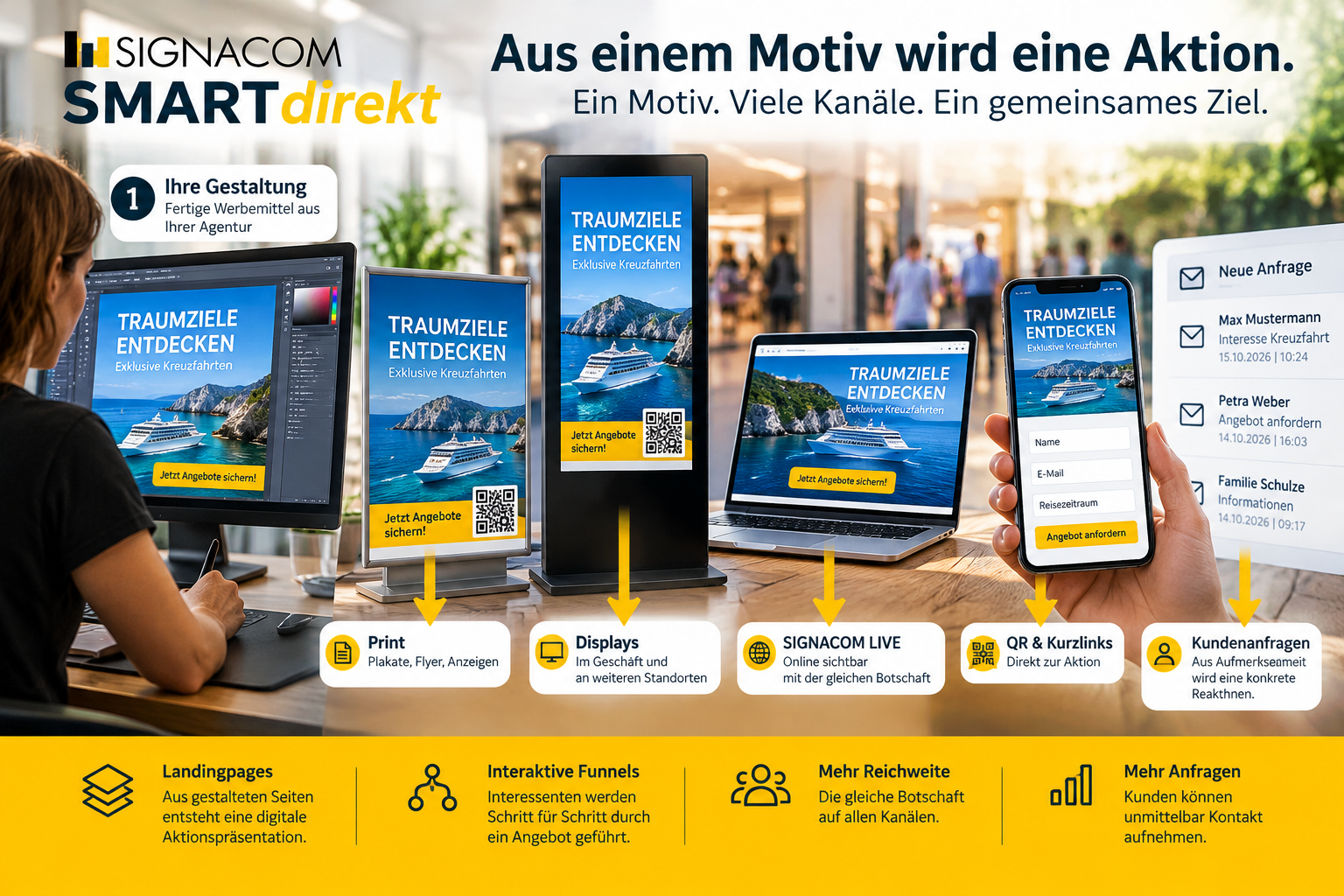 Eine Werbeidee verbindet Plakat, Smartphone, QR-Code, digitale Displays und Kundenanfragen